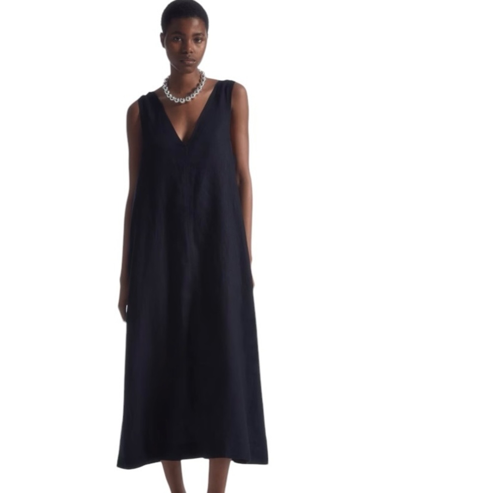 COS Navy Blue Bow-Detail Linen V-Neck Sleeveless Midi Dress, Size 2, NWT